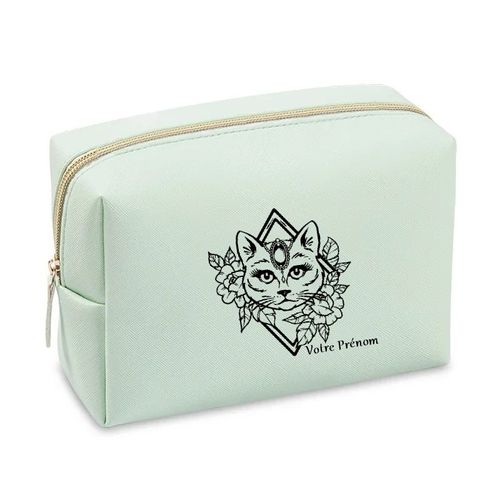 Grande trousse de maquillage Vert pastel pochette Chat fleur personnalisee