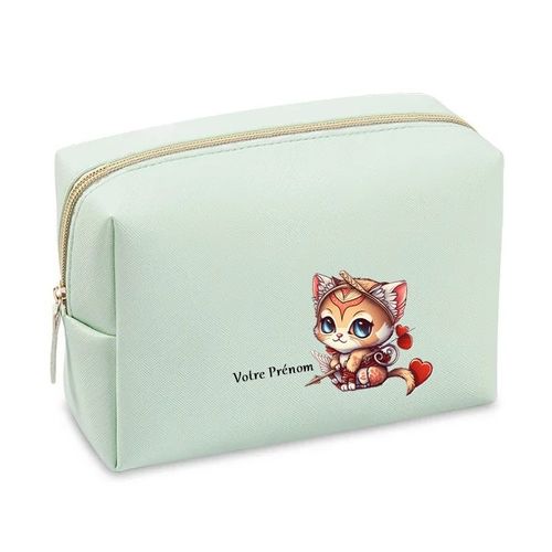Grande trousse de maquillage Vert pastel pochette Chat samourai personnalisee