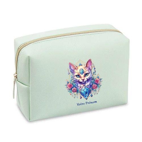 Grande trousse de maquillage Vert pastel pochette Chat talisman personnalisee