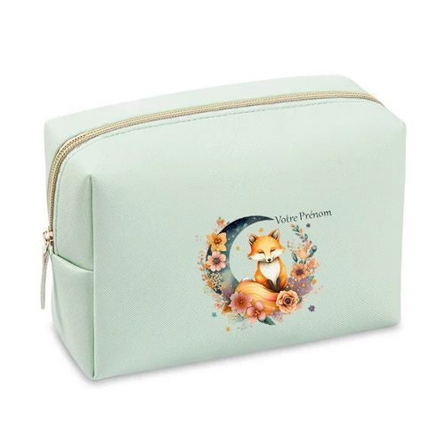 Grande trousse de maquillage Vert pastel pochette Renard fox et lune personnalisee