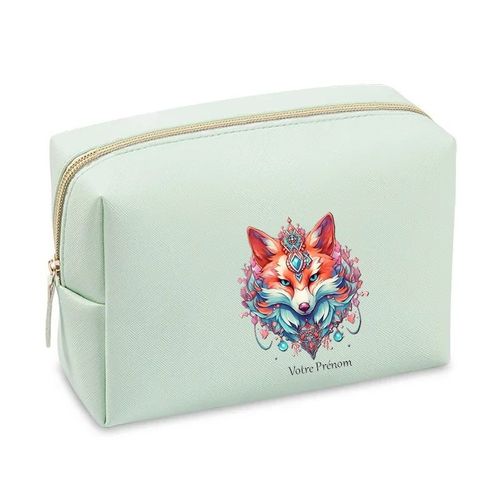 Grande trousse de maquillage Vert pastel pochette Renard talisman personnalisee