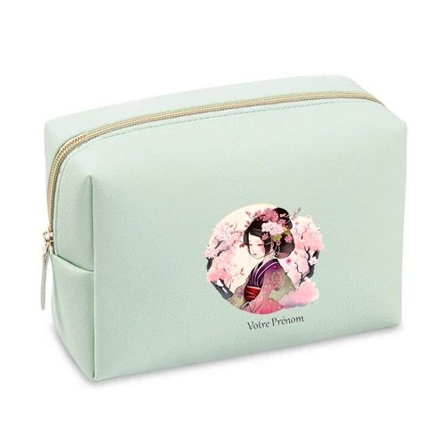 Grande trousse de maquillage Vert pastel pochette Japan anime et fleur personnalisee