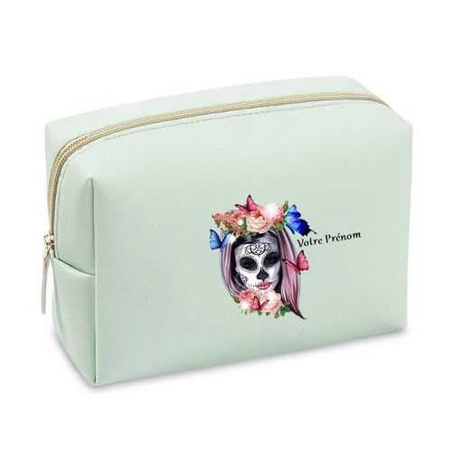 Grande trousse de maquillage Vert pastel pochette Tete de mort calavera et papillon personnalisee
