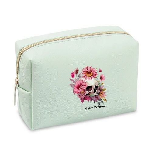 Grande trousse de maquillage Vert pastel pochette Tete de mort et fleur personnalisee