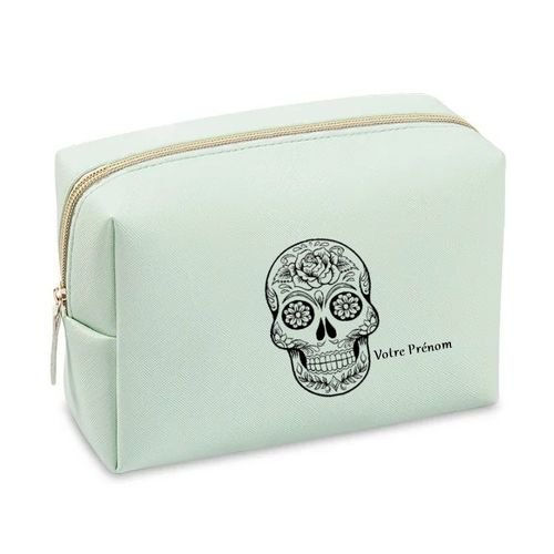 Grande trousse de maquillage Vert pastel pochette Tete de mort mexicaine noire personnalisee