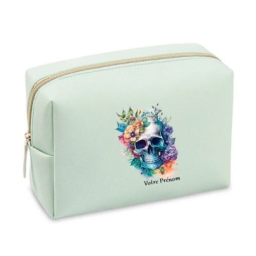 Grande trousse de maquillage Vert pastel pochette Tete de mort pastel personnalisee