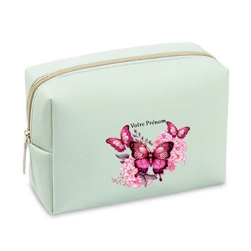 Grande trousse de maquillage Vert pastel pochette Papillon et fleur personnalisee