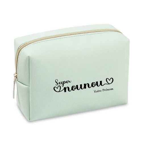 Grande trousse de maquillage Vert pastel pochette Super nounou personnalisee