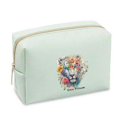 Grande trousse de maquillage Vert pastel pochette Tigre fleur personnalisee