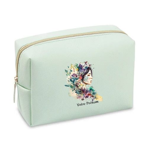Grande trousse de maquillage Vert pastel pochette Visage et fleur personnalisee