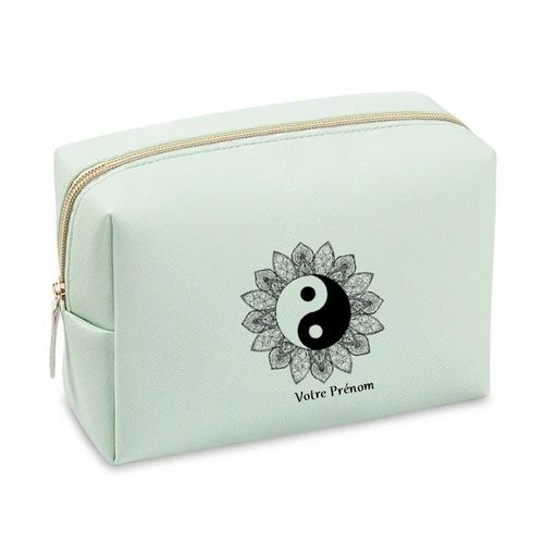 Grande trousse de maquillage Vert pastel pochette Yin yang et mandala personnalisee