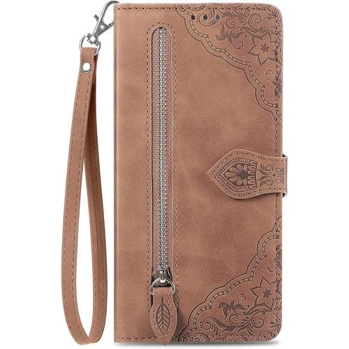 Han Coque Pour Iphone Se 2022 / Iphone Se 2020 / Iphone 8 / Iphone 7 Coque Étui Fleur Motif Portefeuille Rabat Clapet Flip Case Avec Porte Carte Cuir Magnétique Housse Antichoc Etui, Marron