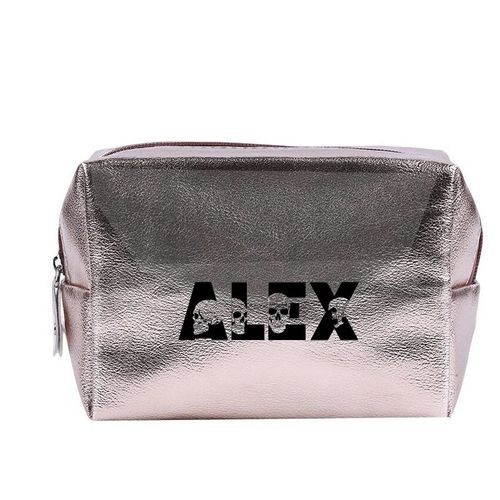 Grande trousse de maquillage Rose gold pochette avec votre prenom tete de mort personnalisee