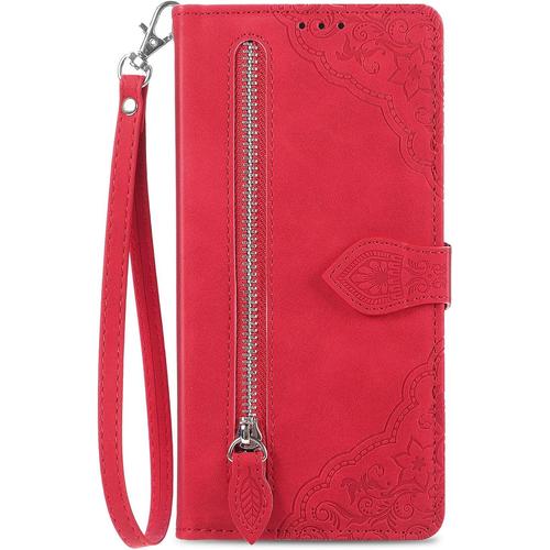 Han Coque Pour Google Pixel 7 Pro (Pas Pour Pixel 7), Coque Étui Fleur Motif Portefeuille Rabat Clapet Flip Case Avec Porte Carte Cordon Cuir Magnétique Housse Etui Pour Google Pixel 7 Pro,Rouge