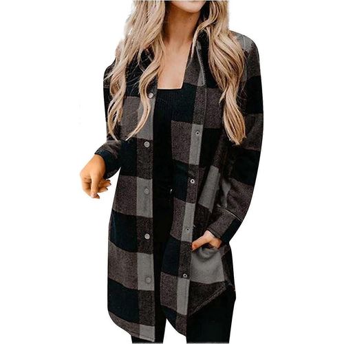 Doudoune Femme - Manteau Long À Carreaux Avec Col À Revers Et Boutons, Trench-Coat Décontracté Pour Femme, Cardigan Avec Poches