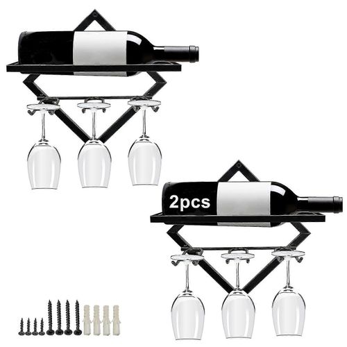 Lot De 2 Porte-Bouteilles Muraux En Métal Pliables Avec 3 Supports Pour Verres À Pied (Noir)