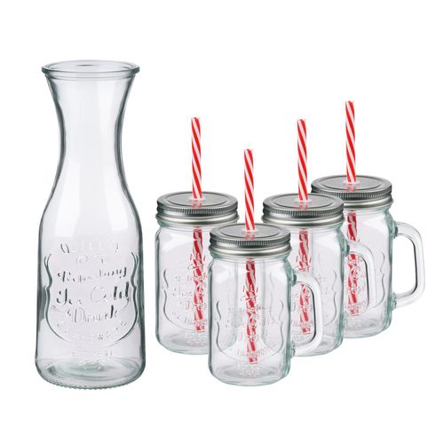 Alpina Ensemble Verrerie 6 Pièces - Carafe En Verre 1l Et Verres À Eau - Verres Mason Jar Avec Couvercle Et Paille - Verre À Eau Design Élégant Pour Boissons Et Cocktails