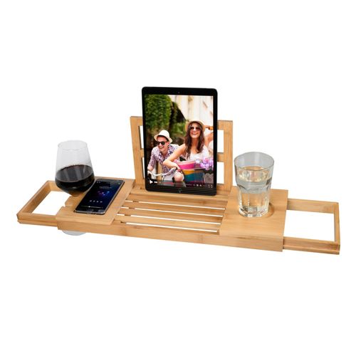 alpina Salle de Bain Planche Bois Plateau de Bain 50-92 x 18 x 4 cm - Bambou avec Support de Livre et Porte-Tablette - Incl. Porte-Gobelets