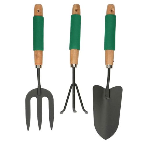 Kinzo Ensemble Outils de Jardinage 3 Pièces - Râteau Main, Fourche et Pelle - Poignée Confortable et Revêtement Antiadhésif - Outils Jardin pour Pots et Petits Espaces