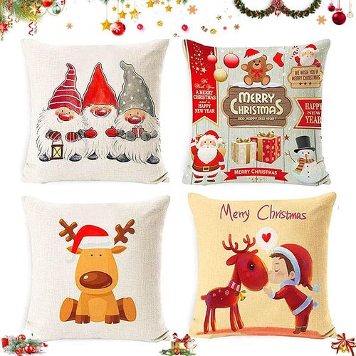 4 Housses Coussin Noel 45x45cm,Coussin Taie D'oreiller Noël,Deco Canapé Taie D'oreiller,Noël Décoratif Canapé En Coton Et Lin Noël Noël Décoration