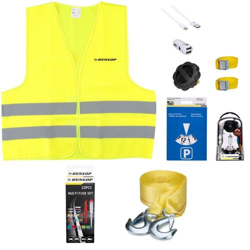 Dunlop Ensemble Pour Voiture Incl. Gilet De Sécurité, Câble De Traction, Sangle De Serrage Et Disque De Stationnement, Ainsi Qu'un Ensemble De Fusibles Pour Voiture