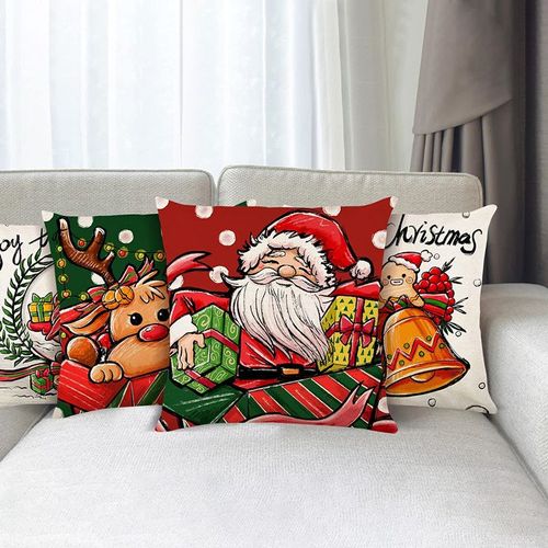 Housse Coussin Noel 45x45 Lot De 4 Housse Coussin 45x45 Père Noël Wapiti Coton Et Lin Décoratif Taie D'oreiller Pour Decoration Noel