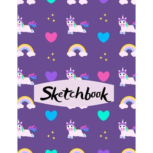 Sketchbook: Purple Unicorn Sketchpad For Drawing, Writing, Painting And Scribbling. Blank White Page, Cute Unicorn Figures N Corners