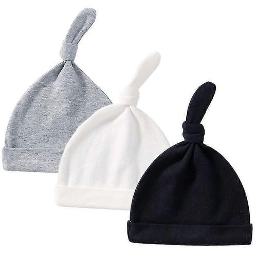 3pcs Bébé Coton Top Noeud Bonnet Bonnet Infantile Casquette Réglable Pour Filles Garçons 0-1 Âge (Blanc)