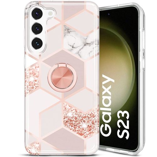 Coque Pour Samsung Galaxy S23 - Silicone Couleur Rose Marbre Avec Anneau Support - E.F.Connection