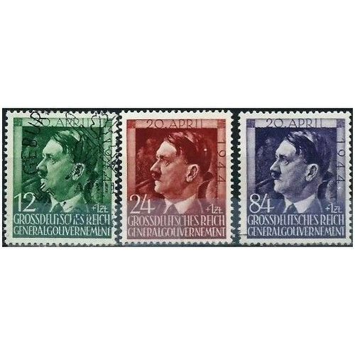 Pologne, Occupation Allemagne, Gouvernement General 1944, Belle Série Complète Timbres Yvert 128 129 130, 55ème Anniversaire Du Chancelier Hitler, Oblitérés, Tbe. -