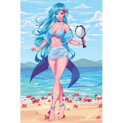 Mermaid Notebook Modern Beautiful Anime Siren Beach Girl Journal: 240 Line Pages, 6x 9, Fantasy Mermaid With Scales Fashion Swimsuit, ''flor De ... And Mermaid Mirror, Marine Blue Color Back