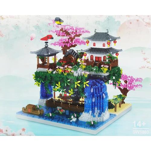 Étang De Fleur De Pêche - Pavillon D'architecture De Nuit De Cascade De Fleurs De Pêcher, Lumière De Rivière, Modèle De Bricolage, Micro Briques, Jouet, Cadeau Pour Ami Diplômé, 3320 Pièces