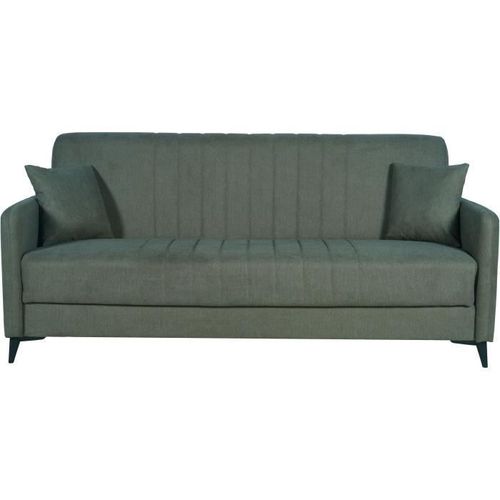 Canapé Convertible - 3 Places - Enzo - Tissu Vert Foncé - 2 Coussins - Coffre De Rangement - 211 X 92 X 98 Cm