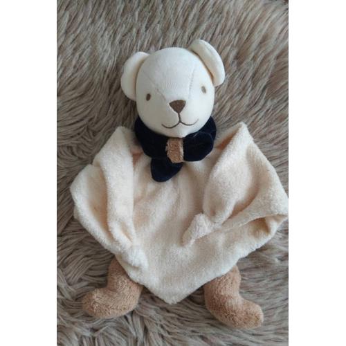 Doudou Plat Triangle Ours Nounours Blanc Écru Beige Noeud Bleu Marine Grelot