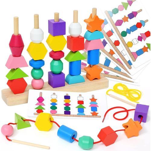 Jouet Enfant 2 3 4 5 Ans,Bloc De Construction Billes De Laçage Perles En Bois Jeu D'enfilage Educatif Puzzles Cadeau Pour Enfants 2 3 4 5 Ans