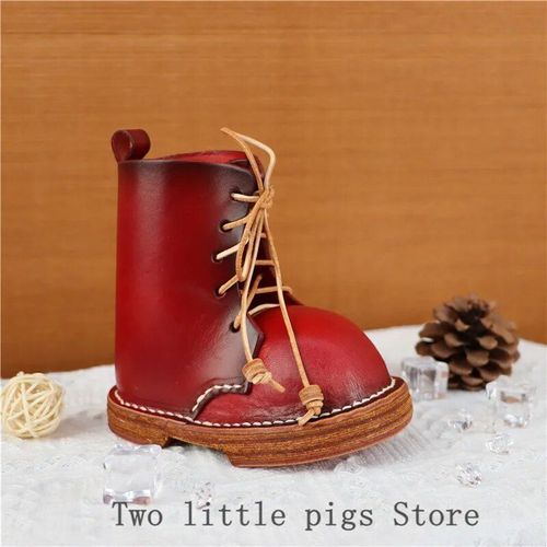 Rouge - Chaussures En Cuir De Vache Tanné Végétal, Bottes Martin En Cuir Avec Porte-Stylo, Boîte De Rangement De Décoration De Bureau, Cadeau D'anniversaire Créatif