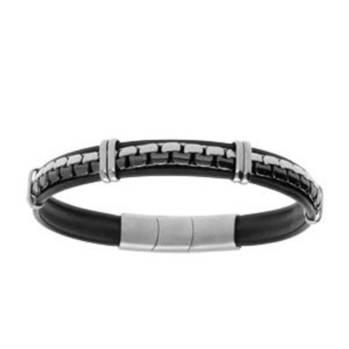 Bracelet Acier Cuir Bovin Noir Chaîne Acier Et Pvd Noir 19.5cm + 1cm Double Fermoir