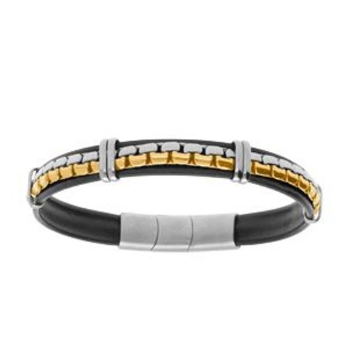 Bracelet Acier Cuir Bovin Noir Chaîne Acier Et Doré Jaune 19.5cm + 1cm Double Fermoir