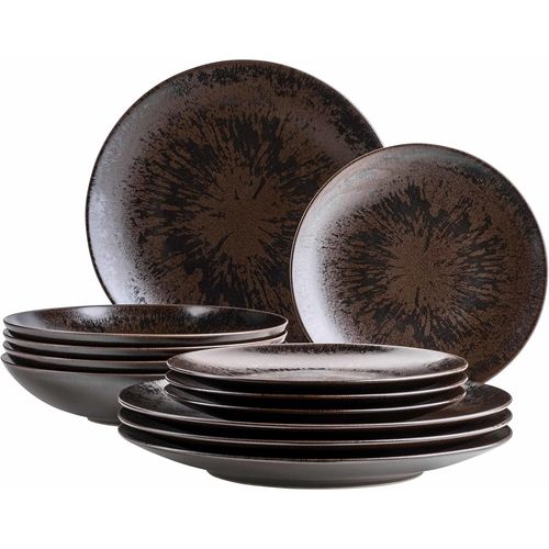 Kgabery-Service De Table Metallic Bronze 12 Pièces Pour 4 Personnes-Assiettes Plates,Creuses Et À Dessert En Grès-Vernis Brillant Élégant