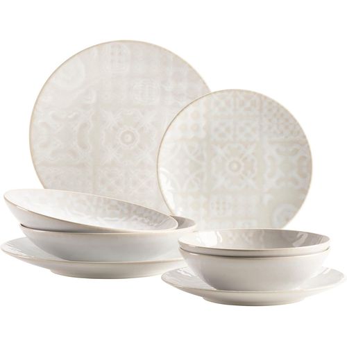 Kgabery-935079 Série Tiles Service De Table Moderne Vintage Pour 2 Personnes Au Design Mauresque 8 Pièces Avec Assiettes Et Bols En Céramique De Qualité Supérieure,Grès,Blanc