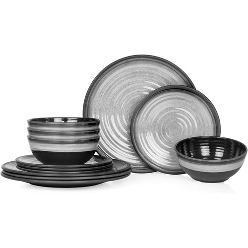 Kgabery-Vaisselle De Table De Camping En Mélamine Pour 4 Personnes-12 Pièces-Passe Au Lave-Vaisselle-Service De Pique-Nique-Vaisselle De Camping-Design Gris Pierre