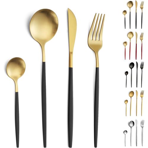 Kgabery-Couverts De Table,24 Pièces De Couverts Pour 6 Personnes,Couverts Inox,Couverts Or Et Noir,Set Couverts De Table Avec Couteau,Fourchette,Cuillère,Va Au Lave-Vaisselle