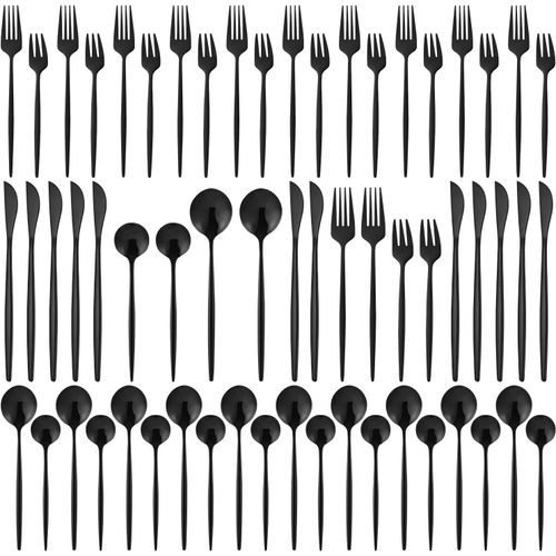 Kgabery-Couverts De Table 12 Personnes,Couvert Noir,Ménagère 60 Pièces En Acier Inoxydable,Avec Couteau Fourchette Cuillère Et Lavables Au Lave-Vaisselle,Pour Maison,Fête,Restaurant