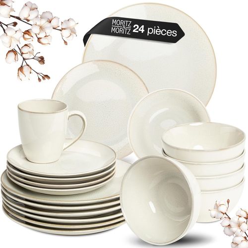 Kgabery-Sense Service De Table 24 Pièces Pour 6 Personnes,En Grès,Élégant,Passe Aux Rayures,Au Micro-Ondes Et Au Lave-Vaisselle,Pour 6 Personnes Beige
