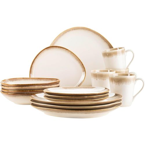 Kgabery-931991,La Sinfonia Service De Table Moderne Pour 4 Personnes Avec Forme Unique Et Dégradé De Couleurs Allant Du Beige Au Blanc Crème,Service De Table 16 Pièces Au Look Vintage,Grès