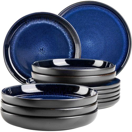 KGABERY-931972 Série Niara Service De Table Moderne Pour 6 Personnes Au Look Vintage Excitant-Service De Table 12 Pièces En Céramique Bleu Et Noir-Grès