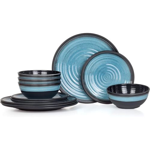 Kgabery-Vaisselle De Table De Camping En Mélamine Pour 4 Personnes-12 Pièces-Passe Au Lave-Vaisselle-Service De Pique-Nique-Vaisselle De Camping-Design Bleu Pierre