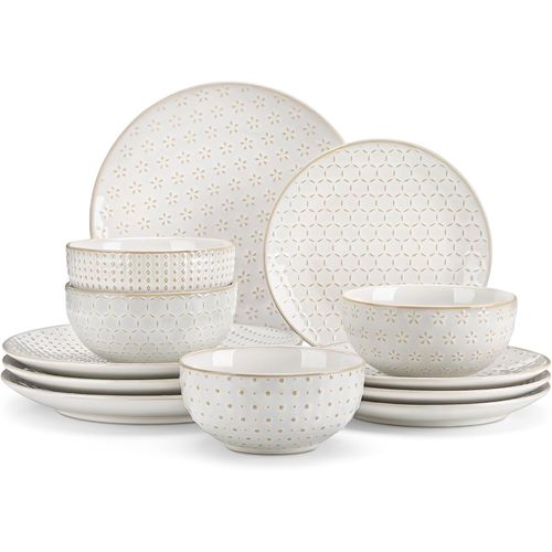 Kgabery-Services De Vaisselle En Grès Pour 4 Personnes,12 Pièces Blanche Assiettes Service De Table,Contient Assiettes Plates/Creuses/Bols-Série Lydia