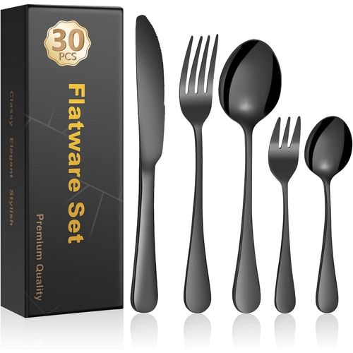 Kgabery-Couverts De Table Noir Pour 6 Personnes,30 Pièces Set De Couvert De Table,Ménagère En Acier Inoxydable,Ensemble Couverts De Table Avec Couteau Fourchette Cuillère,Lavable Au Lave-Vaisselle