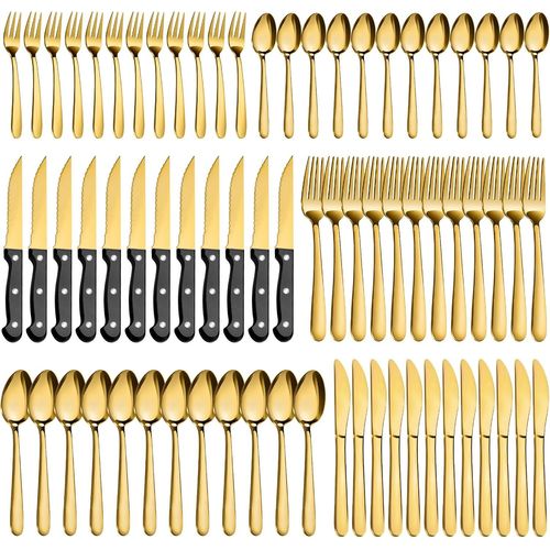 Kgabery-Couverts De Table 12 Personnes,72 Pièces Couvert Dorés,Set De Couverts En Acier Inoxydable Avec Couteau À Steak,Compris Fourchettes,Cuillères,Couteaux,Résistant Au Lave-Vaisselle